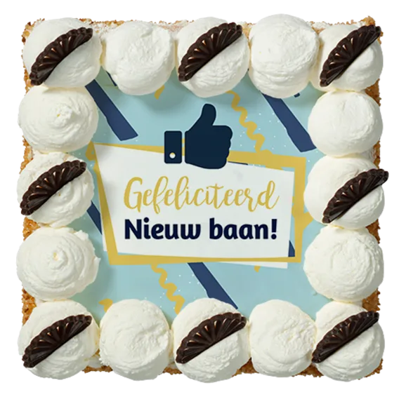 Taart voor een nieuwe baan met tekst Gefeliciteerd