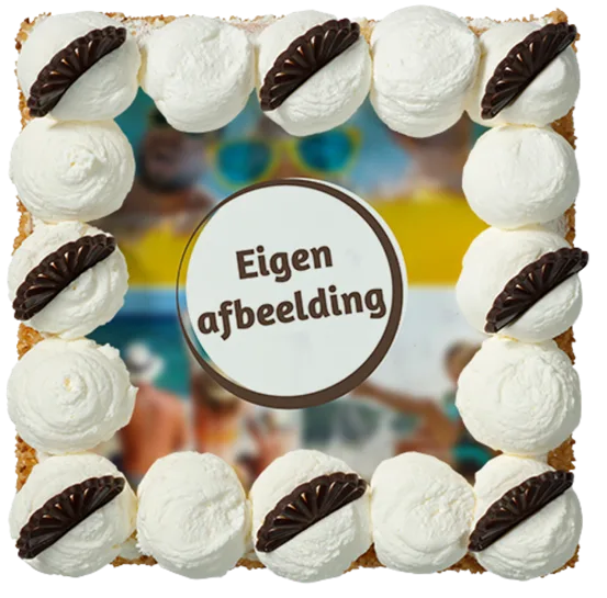 Taarten bestellen: vierkante slagroomtaart met eigen afbeelding